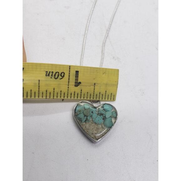 Heart Shaped Pendant Necklace Silver with Turquoise Chip & Beach Sand Inlay - Picture 8 of 14